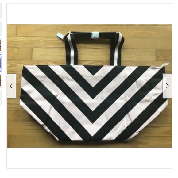 NWT Victoria's Secret  Pink/Black Diagonal Canvas Large Tote Bag Shopper - Picture 4 of 4